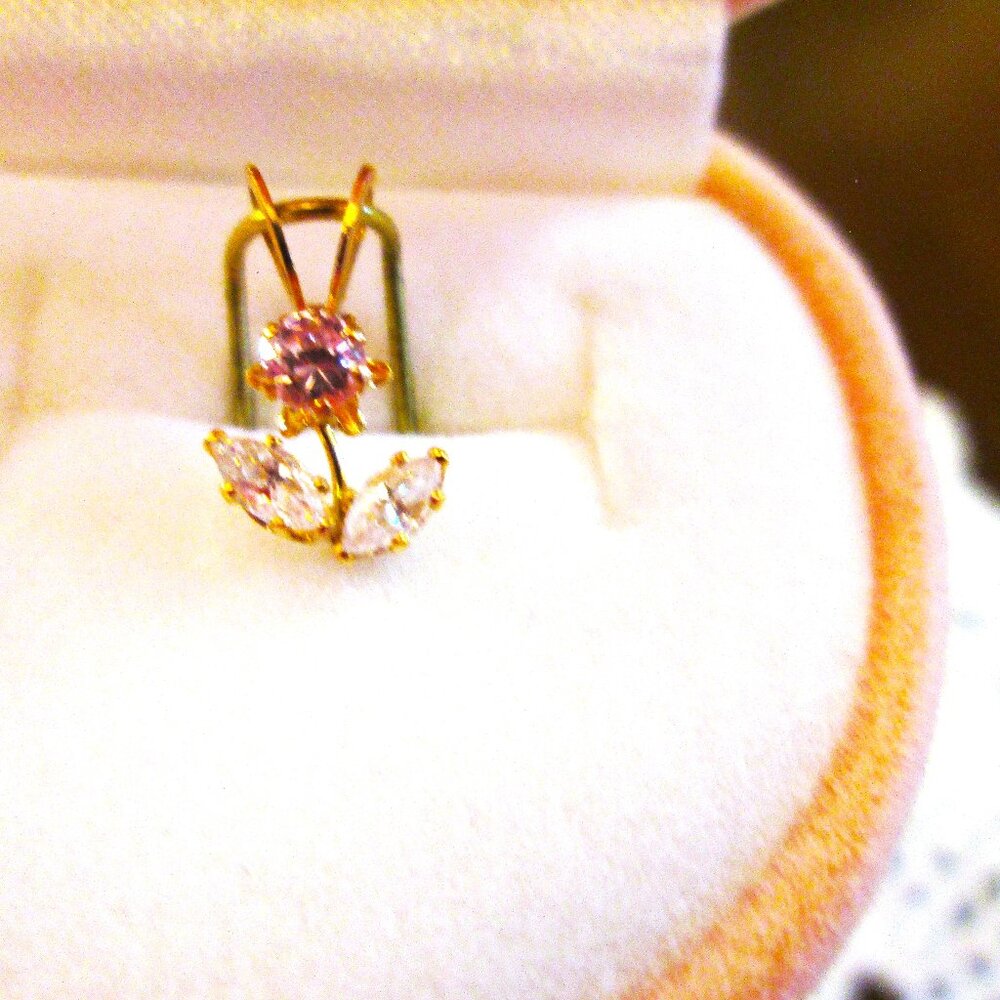 NWT 14Kt Vtg Gold Cubic Zirconic Pendant,pink flower shaped